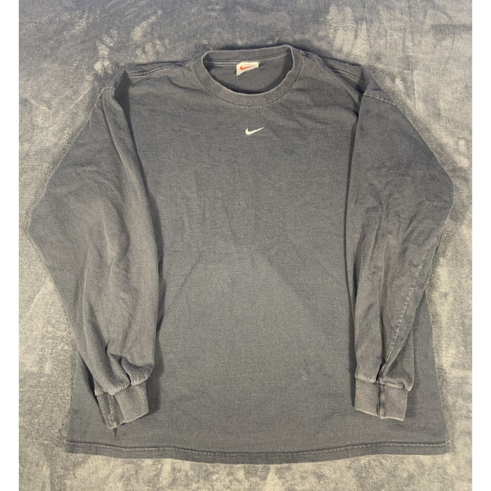 VTG 90s NIKE Mens XL Center Swoosh Check Embroidered Black Long Sleeve T Shirt